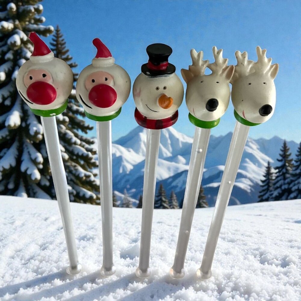 Vintage Christmas Drink Stirrers Set of 5 Snowman Santa Reindeer Holiday Barware